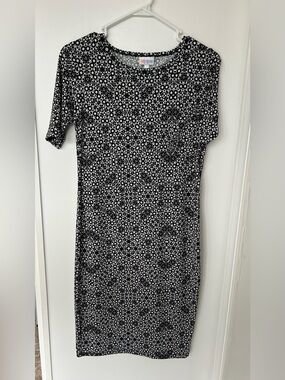 LuLaRoe Julia Dress Size S Black & White Geometric Aztec Floral Print Midi